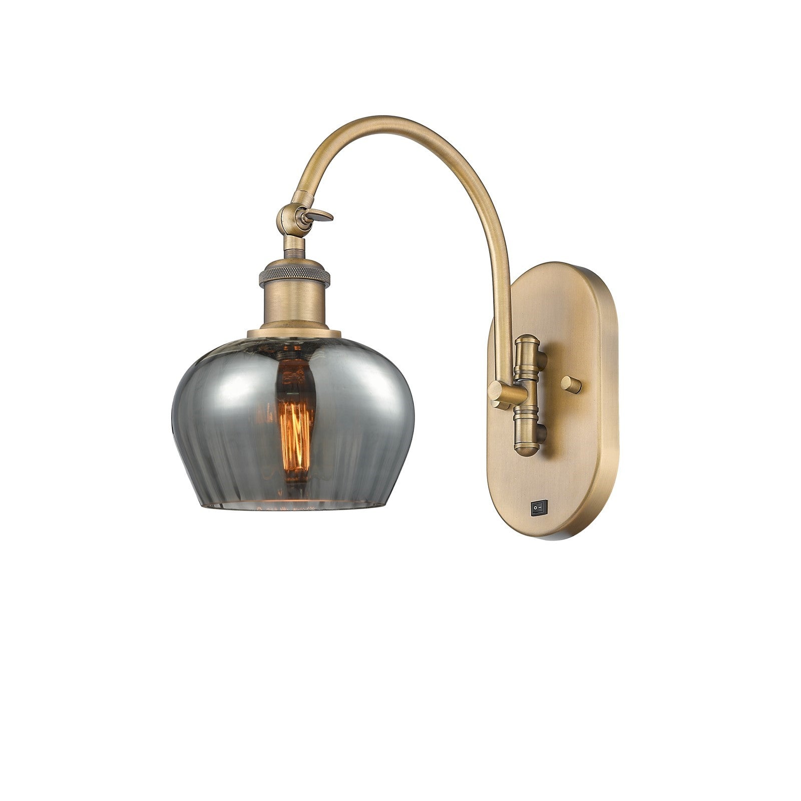 Innovations Fenton 1-Light Wall Sconce | Industrial Brushed Brass Steel and Light Smoke Ribbed Glass | Hallway & Bathroom Accent | Model 918-1W-BB-G93
