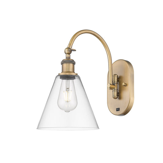 Innovations Berkshire Glass 1-Light 8in Wall Sconce | Industrial Brushed Brass Steel and Clear Glass | Bathroom & Hallway Accent | Model 918-1W-BB-GBC-82