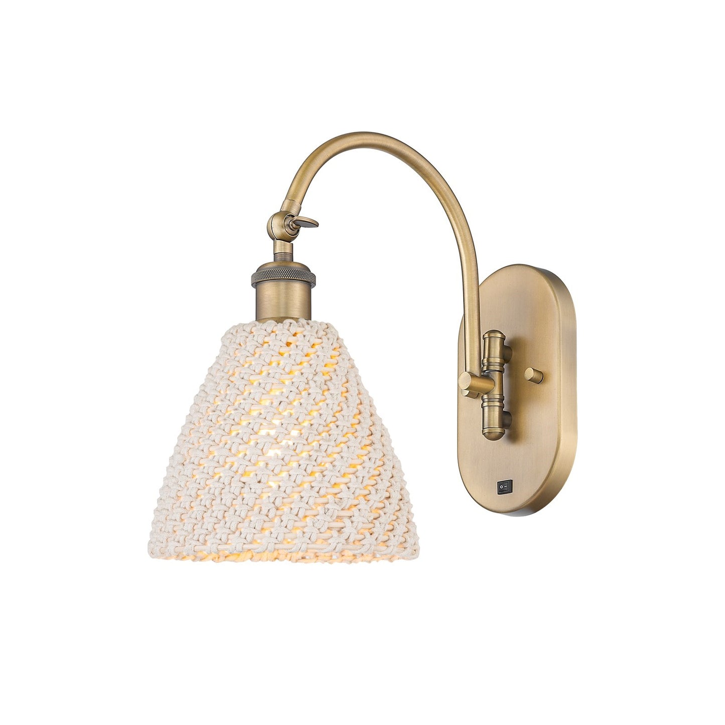Innovations Bristol Natural 7.5in 1-Light Wall Sconce | Industrial Brushed Brass and Natural Fiber Dome Shade | Bedroom & | Model 918-1W-BB-NBD-75-NAT