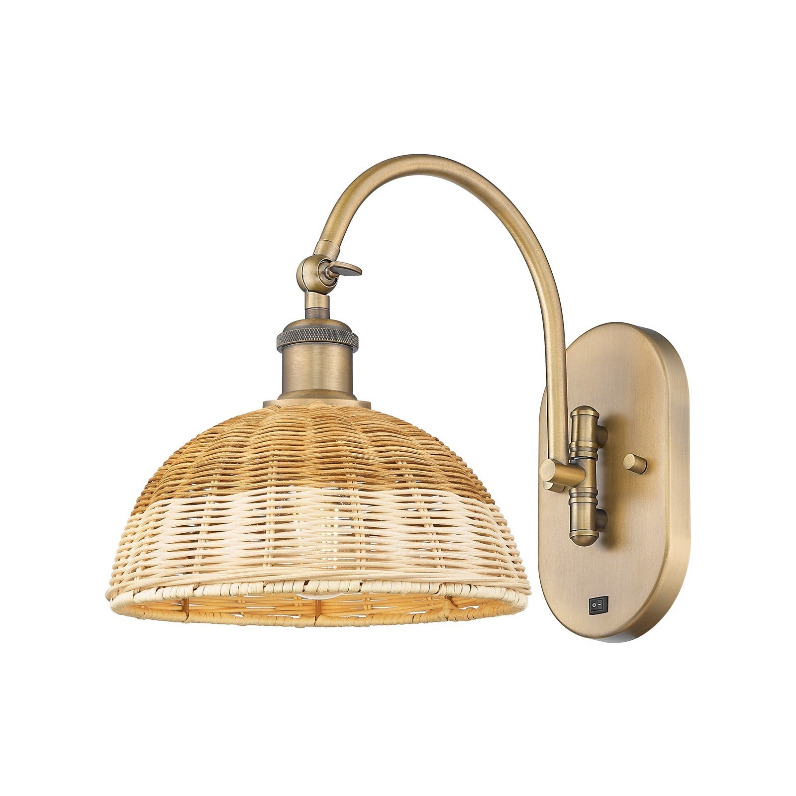 Innovations Bristol Natural II 9in 1-Light Wall Sconce | Industrial Brushed Brass and Natural Fiber Dome Shade | Bedroom & | Model 918-1W-BB-NBD2-9-NAT