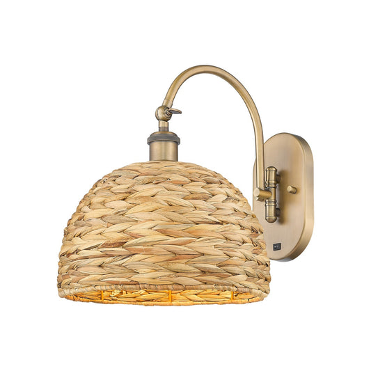 Innovations Woven Rattan 12in 1-Light Wall Sconce | Industrial Brushed Brass and Natural Fiber Dome Shade | Bedroom & Hallway | Model 918-1W-BB-RBD-12-NAT
