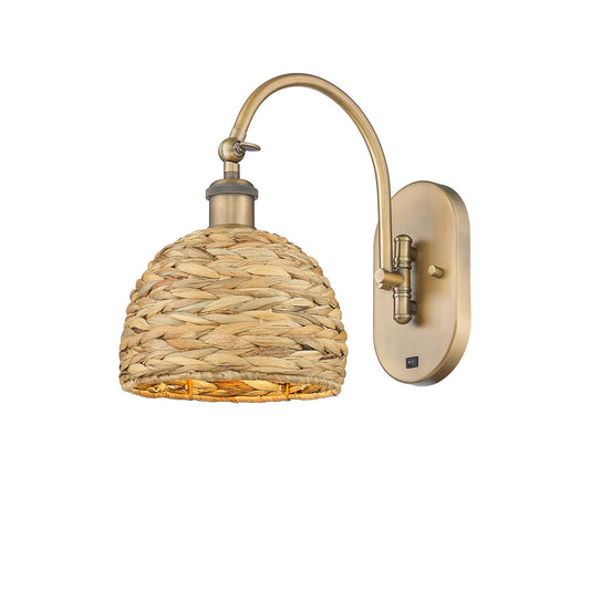 Innovations Woven Rattan 8in 1-Light Wall Sconce | Industrial Brushed Brass and Natural Fiber Dome Shade | Bedroom & Hallway | Model 918-1W-BB-RBD-8-NAT