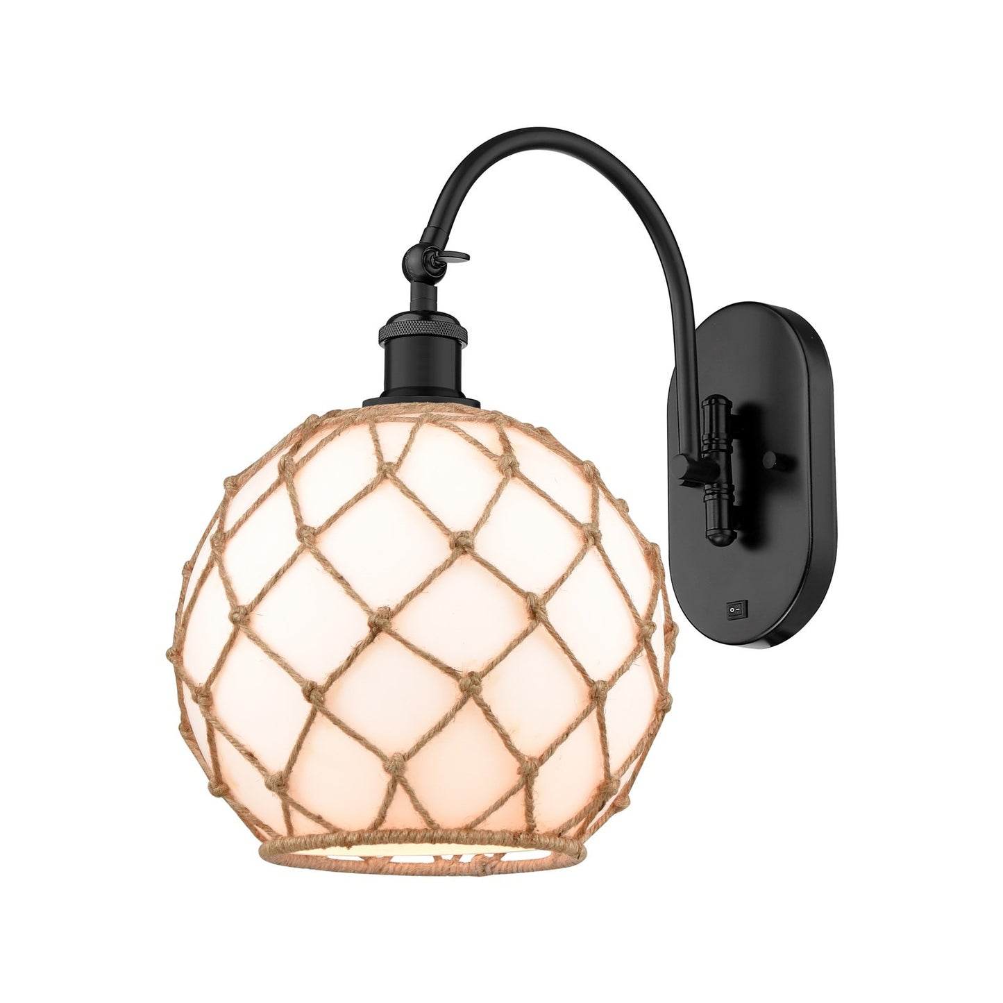 Innovations Farmhouse Rope 10in 1-Light Wall Sconce | Industrial Matte Black Steel and Cast Brass with Matte White Glass and | Model 918-1W-BK-G121-10RB