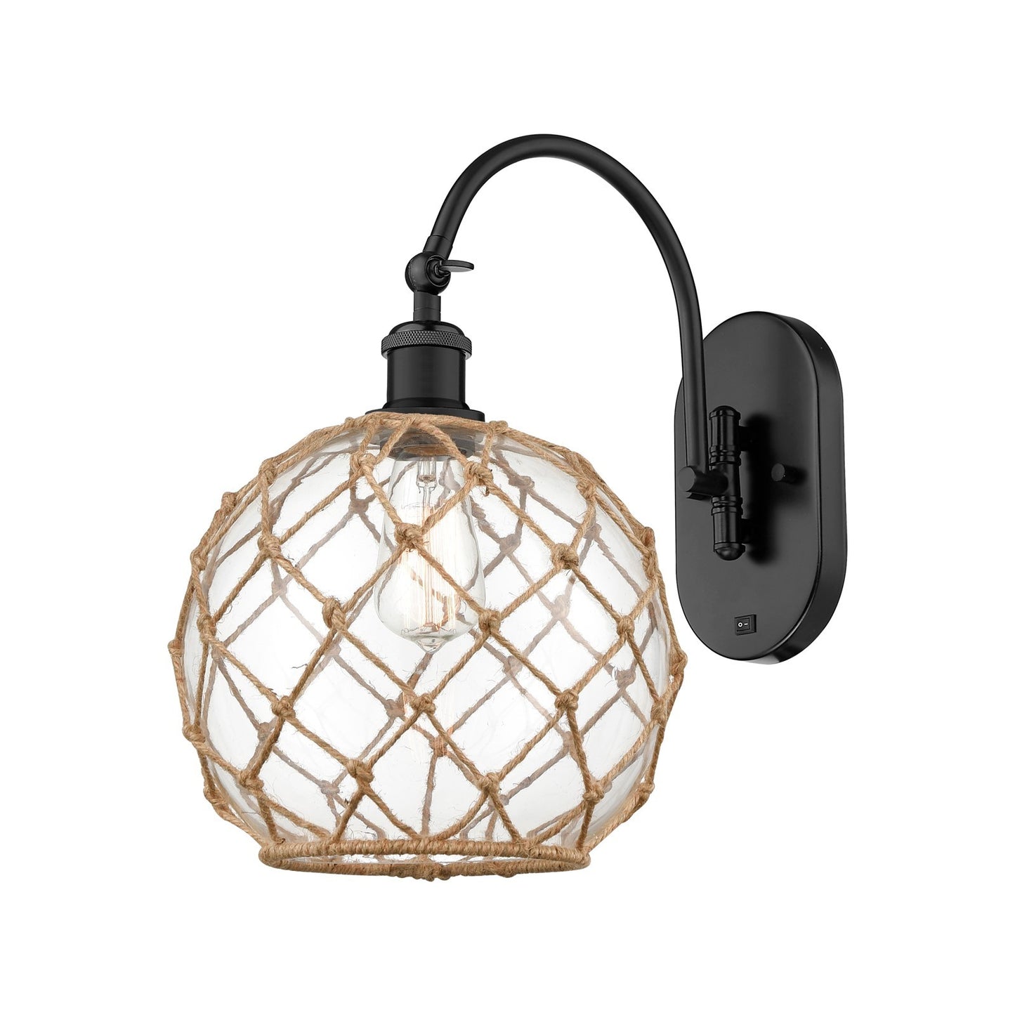 Innovations Farmhouse Rope 10in 1-Light Wall Sconce | Industrial Matte Black Steel and Clear Glass with Brown Rope | Bedroom & | Model 918-1W-BK-G122-10RB