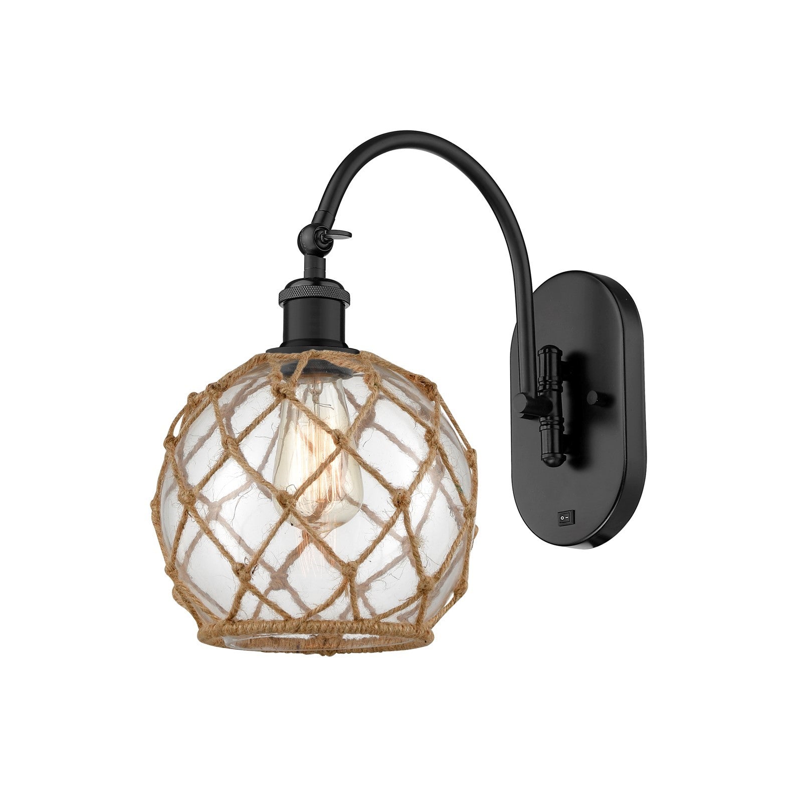 Innovations Farmhouse Rope 1-Light 8in Wall Sconce | Industrial Matte Black Steel and Clear Glass with Brown Rope | Bathroom & | Model 918-1W-BK-G122-8RB