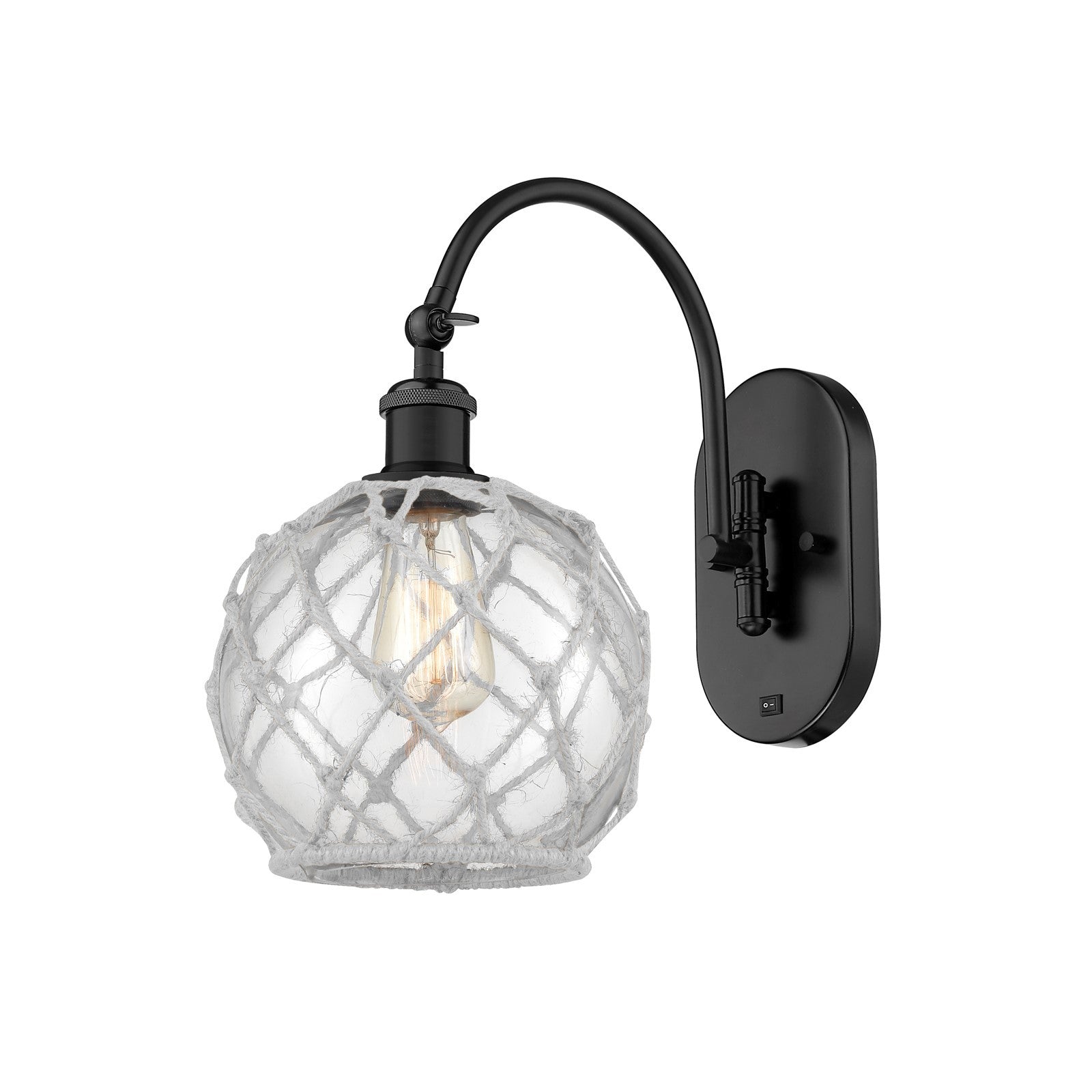 Innovations Farmhouse Rope 8in 1-Light Wall Sconce | Industrial Matte Black Steel and Clear Glass with White Rope | Hallway & | Model 918-1W-BK-G122-8RW