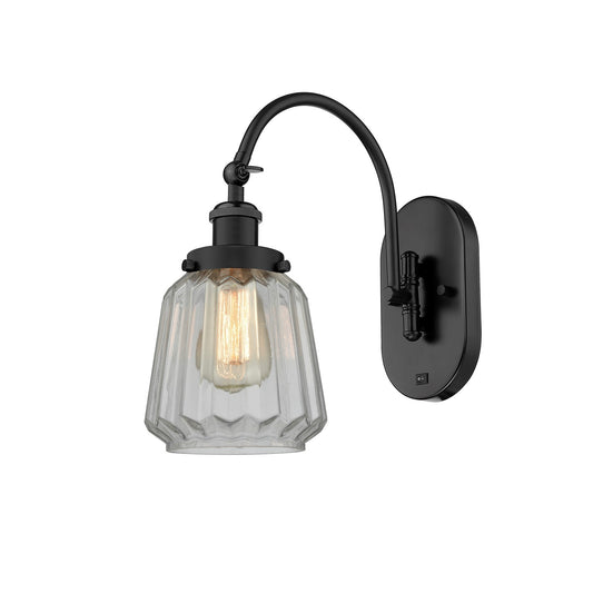 Innovations Chatham 7in 1-Light Swing Arm Lamp | Industrial Matte Black Steel and Clear Ribbed Glass | Bedroom & Living Room | Model 918-1W-BK-G142