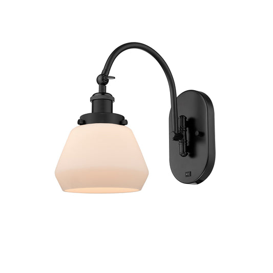 Innovations Fulton 7in 1-Light Swing Arm Lamp | Industrial Matte Black Steel and Matte White Frosted Glass | Bedroom & Living | Model 918-1W-BK-G171-LED
