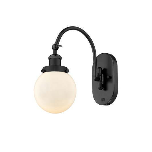 Innovations Beacon 6in 1-Light Swing Arm Lamp | Industrial Matte Black Steel and Matte White Frosted Glass | Bedroom & Living | Model 918-1W-BK-G201-6-LED