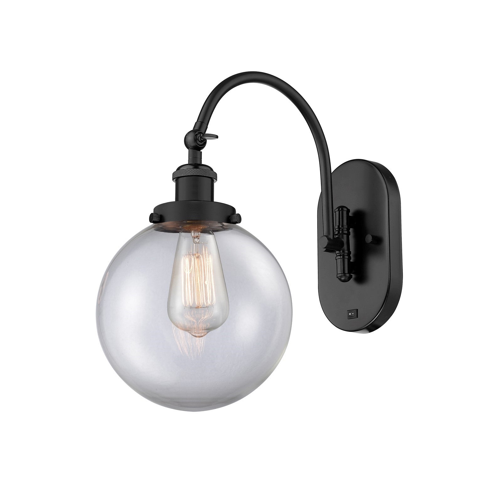 Innovations Beacon 8in 1-Light Swing Arm Lamp | Industrial Matte Black Steel and Clear Glass | Bedroom & Living Room Reading | Model 918-1W-BK-G202-8-LED