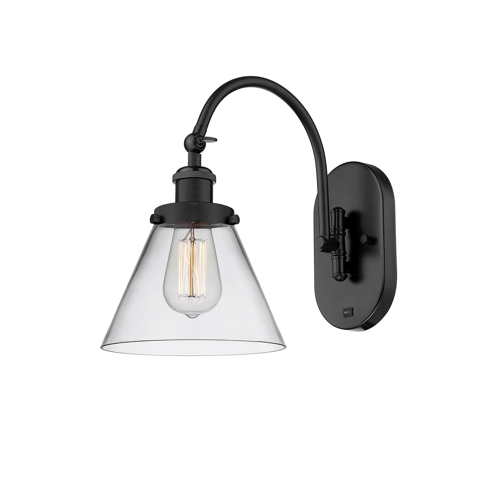 Innovations Cone 8in 1-Light Swing Arm Lamp | Industrial Matte Black Steel and Clear Glass | Bedroom & Hallway Accent Light | Model 918-1W-BK-G42-LED