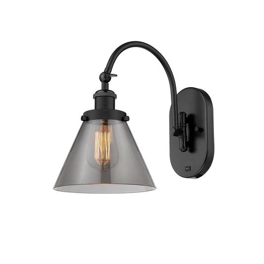 Innovations Cone 8in 1-Light Swing Arm Lamp | Industrial Matte Black Steel and Light Smoke Glass | Bedroom & Hallway Accent Light | Model 918-1W-BK-G43