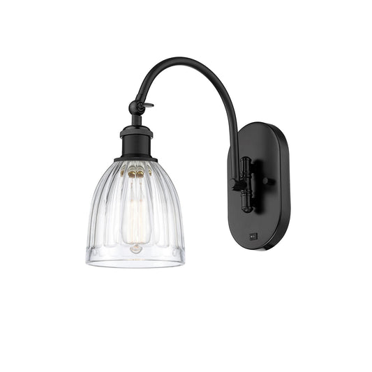 Innovations Brookfield 6in 1-Light Wall Sconce | Industrial Matte Black and Clear Ribbed Glass | Hallway & Bathroom Accent | Model 918-1W-BK-G442