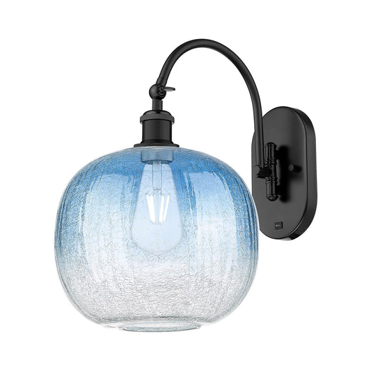 Innovations Brookhaven Sphere 10.5in 1-Light Wall Sconce | Industrial Matte Black Steel and Sapphire Blue Glass | Bedroom & | Model 918-1W-BK-G481-10SB