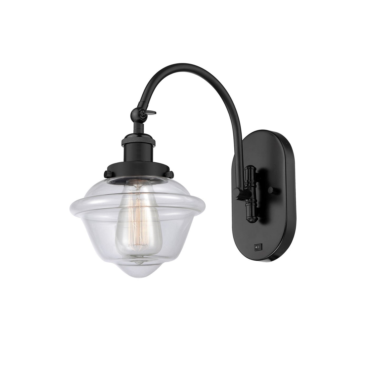Innovations Oxford 8in 1-Light Swing Arm Wall Sconce | Industrial Matte Black Steel and Clear Glass | Bedroom Reading Light | Model 918-1W-BK-G532