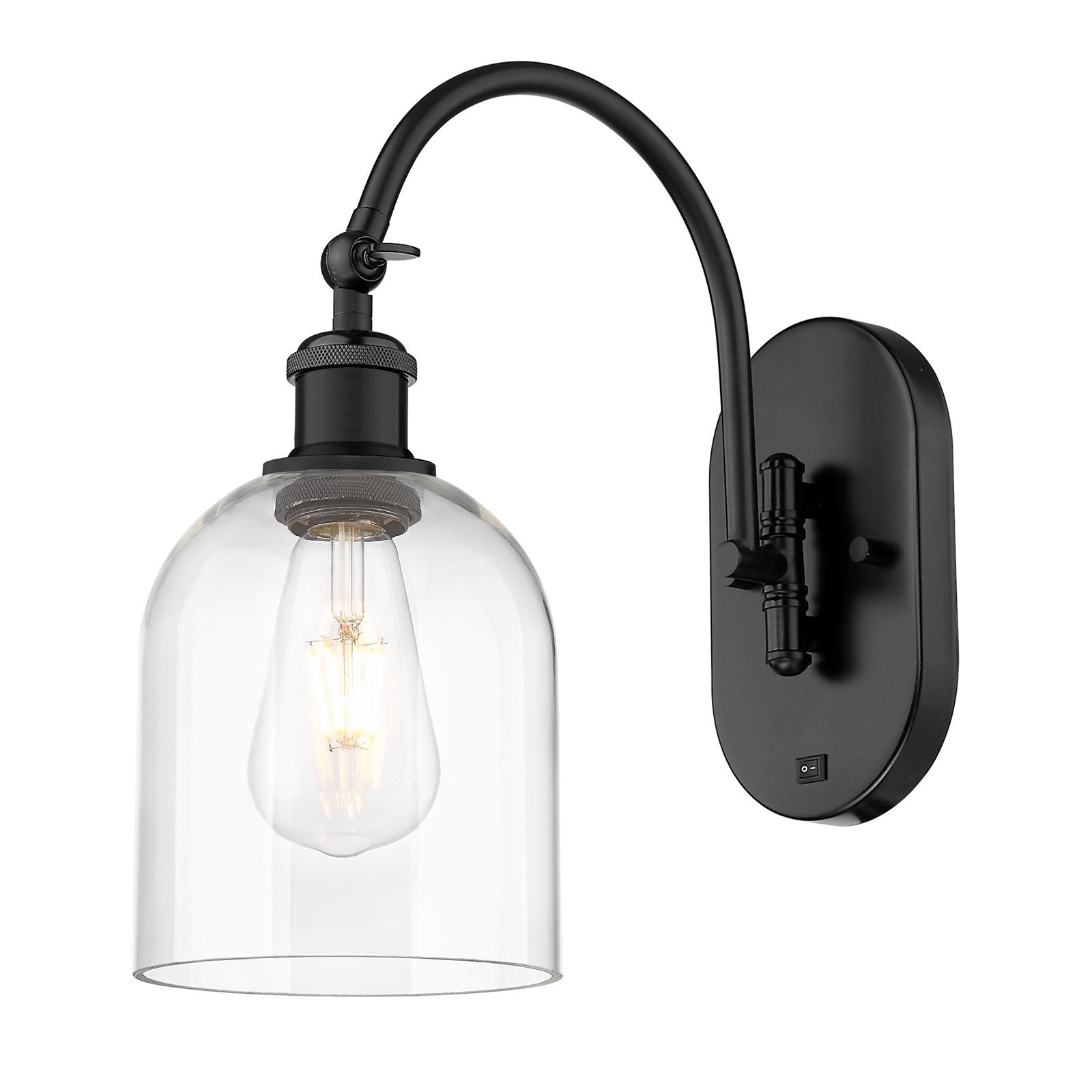 Innovations Bella 5.5in 1-Light Wall Sconce | Industrial Matte Black and Clear Glass | Bedroom & Hallway Accent | 5.5 x 13.5 in | Model 918-1W-BK-G558-6CL