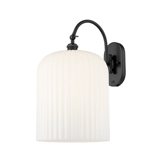 Innovations Bridal Veil 12in 1-Light Wall Sconce | Industrial Matte Black Steel and Gloss White Ribbed Glass | Bedroom & | Model 918-1W-BK-G559-12GWH