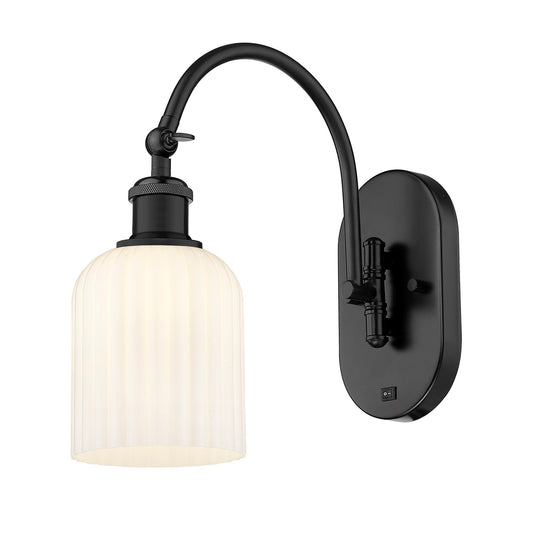 Innovations Bridal Veil 5in 1-Light Wall Sconce | Industrial Matte Black Steel and Gloss White Ribbed Glass | Hallway & | Model 918-1W-BK-G559-5GWH