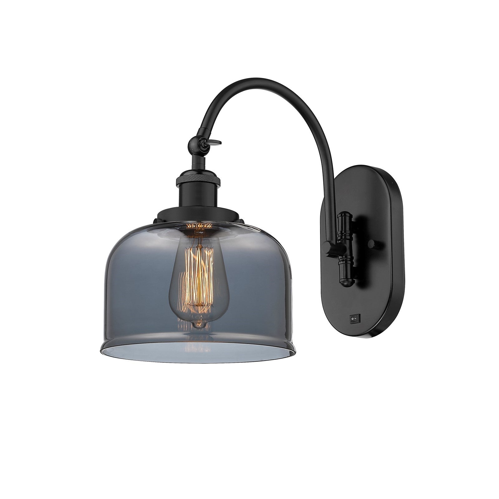 Innovations Bell 8in 1-Light Swing Arm Lamp | Industrial Matte Black Steel and Light Smoke Glass | Bedroom & Living Room Reading | Model 918-1W-BK-G73-LED