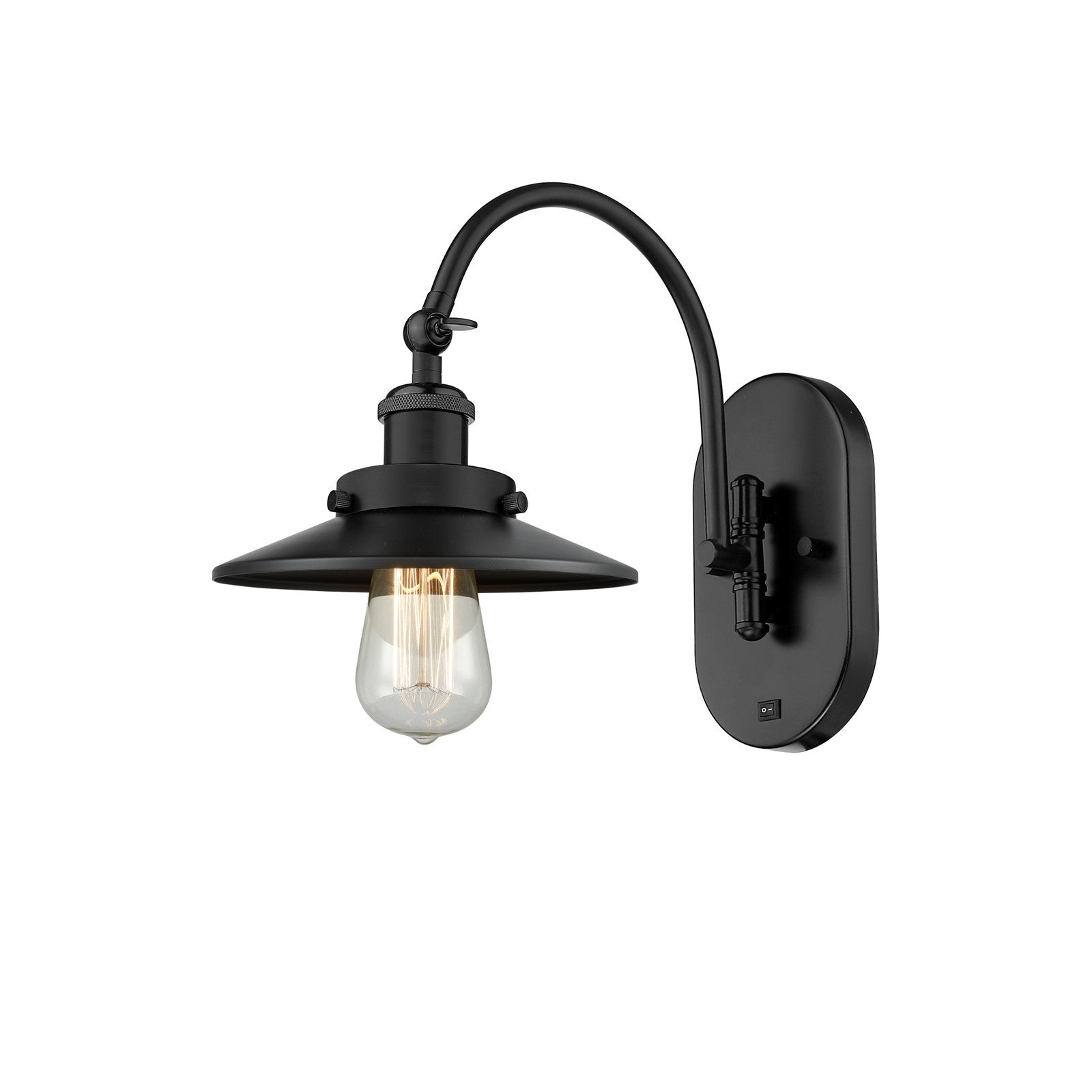 Innovations Railroad 8in 1-Light Swing Arm Lamp | Industrial Matte Black Steel and Cast Brass with Matte Black Metal Cone Shade | Model 918-1W-BK-M6