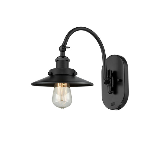 Innovations Railroad 8in 1-Light LED Swing Arm Lamp | Industrial Matte Black Steel and Cast Brass with Matte Black Metal Cone | Model 918-1W-BK-M6-LED