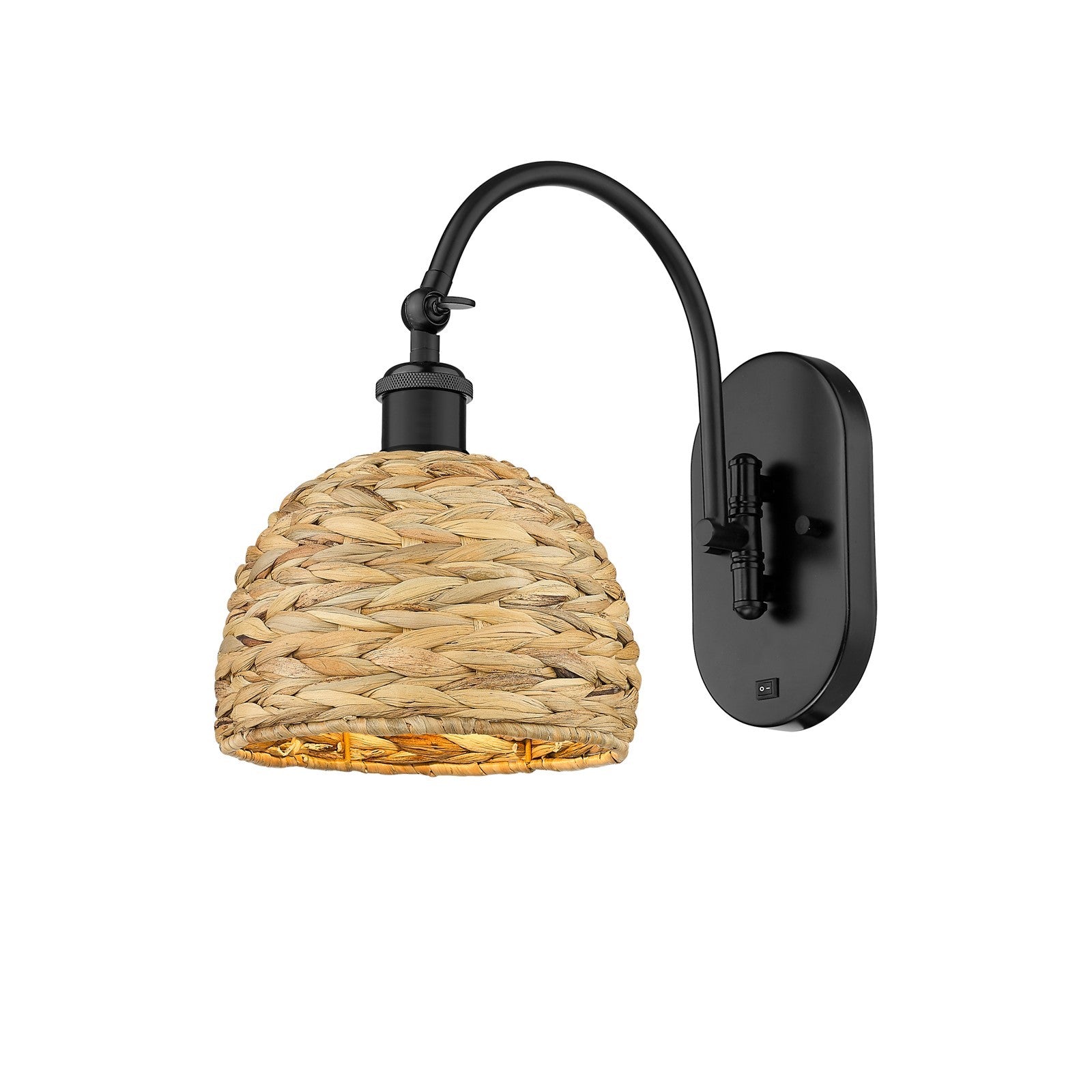 Innovations Woven Rattan 8in 1-Light Wall Sconce | Industrial Matte Black Steel and Natural Fiber Dome Shade | Bedroom & | Model 918-1W-BK-RBD-8-NAT