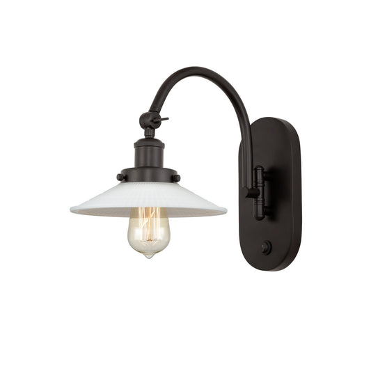 Innovations Halophane 8.5in 1-Light Swing Arm Lamp | Industrial Oil Rubbed Bronze Steel and Matte White Frosted Glass Shade | Bedroom | Model 918-1W-OB-G1