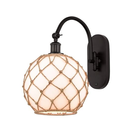 Innovations Farmhouse Rope 10in 1-Light Wall Sconce | Industrial Oil Rubbed Bronze Steel and Matte White Glass with Rope | Model 918-1W-OB-G121-10RB