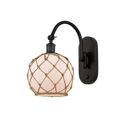 Innovations Lighting Ballston 8in 1-Light Wall Sconce | Farmhouse Oil Rubbed Bronze Steel and White Glass with Brown Rope | Model 918-1W-OB-G121-8RB