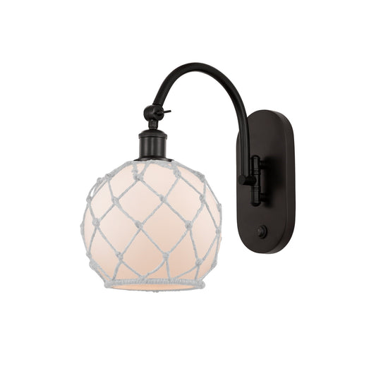Innovations Farmhouse Rope 8in 1-Light Wall Sconce | Industrial Oil Rubbed Bronze Steel and White Glass with White Rope | Model 918-1W-OB-G121-8RW