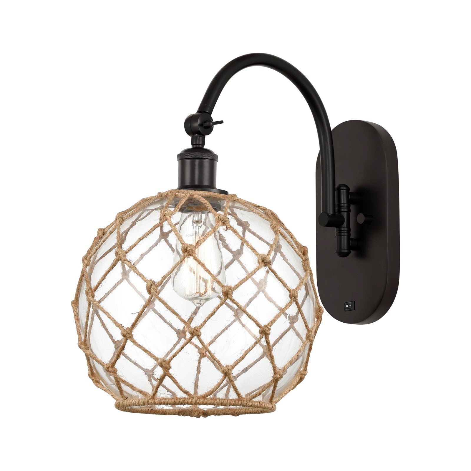 Innovations Farmhouse Rope 10in 1-Light Wall Sconce | Industrial Oil Rubbed Bronze Steel and Clear Glass with Brown Rope | Model 918-1W-OB-G122-10RB