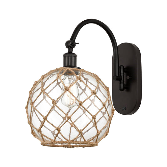 Innovations Farmhouse Rope 10in 1-Light Wall Sconce | Industrial Oil Rubbed Bronze Steel and Clear Glass with Brown Rope | Model 918-1W-OB-G122-10RB