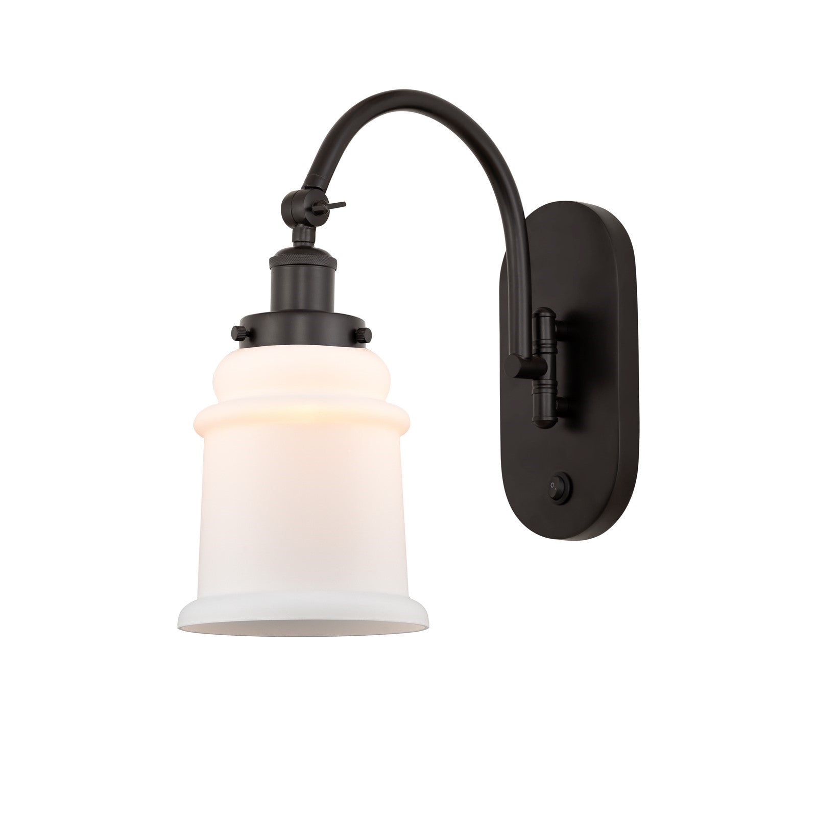 Innovations Canton 6.5in 1-Light Swing Arm Wall Sconce | Industrial Oil Rubbed Bronze Steel and Matte White Glass | Bedroom & | Model 918-1W-OB-G181