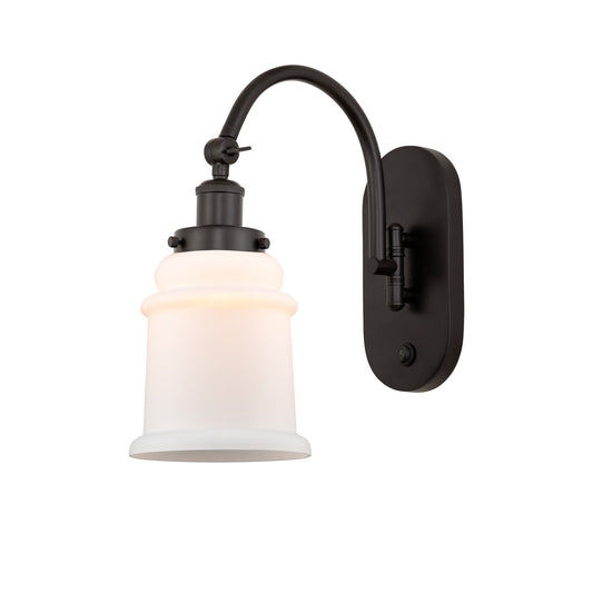 Innovations Canton 6.5in 1-Light Swing Arm Wall Sconce | Industrial Oil Rubbed Bronze Steel and Matte White Glass | Bedroom & | Model 918-1W-OB-G181