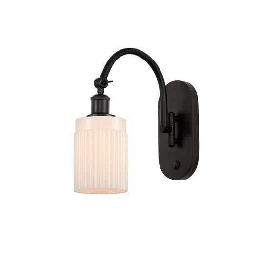 Innovations Hadley 5in 1-Light Wall Sconce | Industrial Oil Rubbed Bronze Steel and Matte White Ribbed Glass | Bedroom & Hallway | Model 918-1W-OB-G341