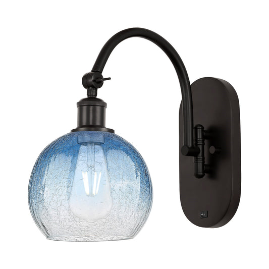 Innovations Brookhaven Globe 8in 1-Light Wall Sconce | Industrial Oil Rubbed Bronze and Sapphire Blue Glass | Hallway & Bedroom | Model 918-1W-OB-G483-8SB