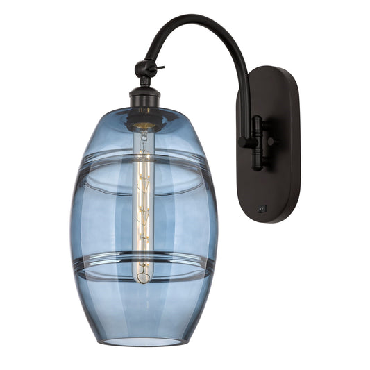 Innovations Vaz 8in 1-Light Wall Sconce | Industrial Oil Rubbed Bronze Steel and Blue Glass | Bedroom & Hallway Accent | Model 918-1W-OB-G557-8BL