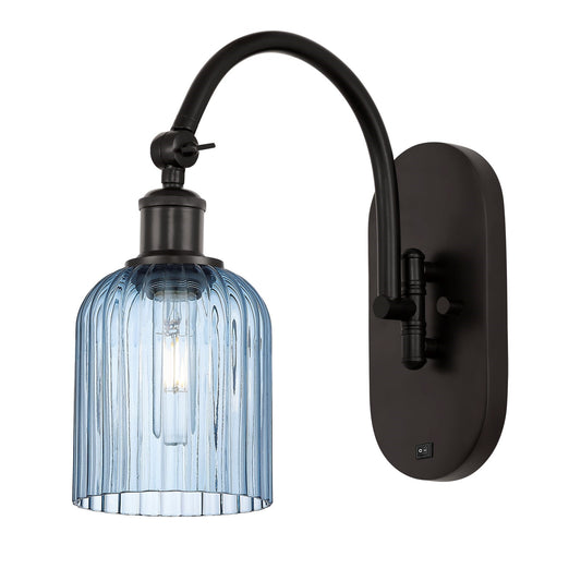 Innovations Bridal Veil 1-Light 5in Wall Sconce | Industrial Oil Rubbed Bronze Steel and Princess Blue Ribbed Glass | Bedroom & | Model 918-1W-OB-G559-5BL