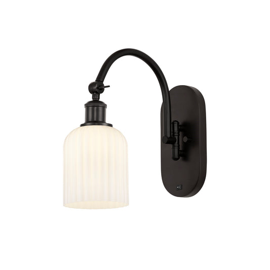 Innovations Bridal Veil 1-Light 5in Wall Sconce | Industrial Oil Rubbed Bronze Steel and Gloss White Ribbed Glass | Bedroom & | Model 918-1W-OB-G559-5GWH