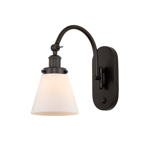 Innovations Cone 6.25in 1-Light Swing Arm Lamp | Industrial Oil Rubbed Bronze Steel and Matte White Frosted Glass | Bedroom & | Model 918-1W-OB-G61-LED