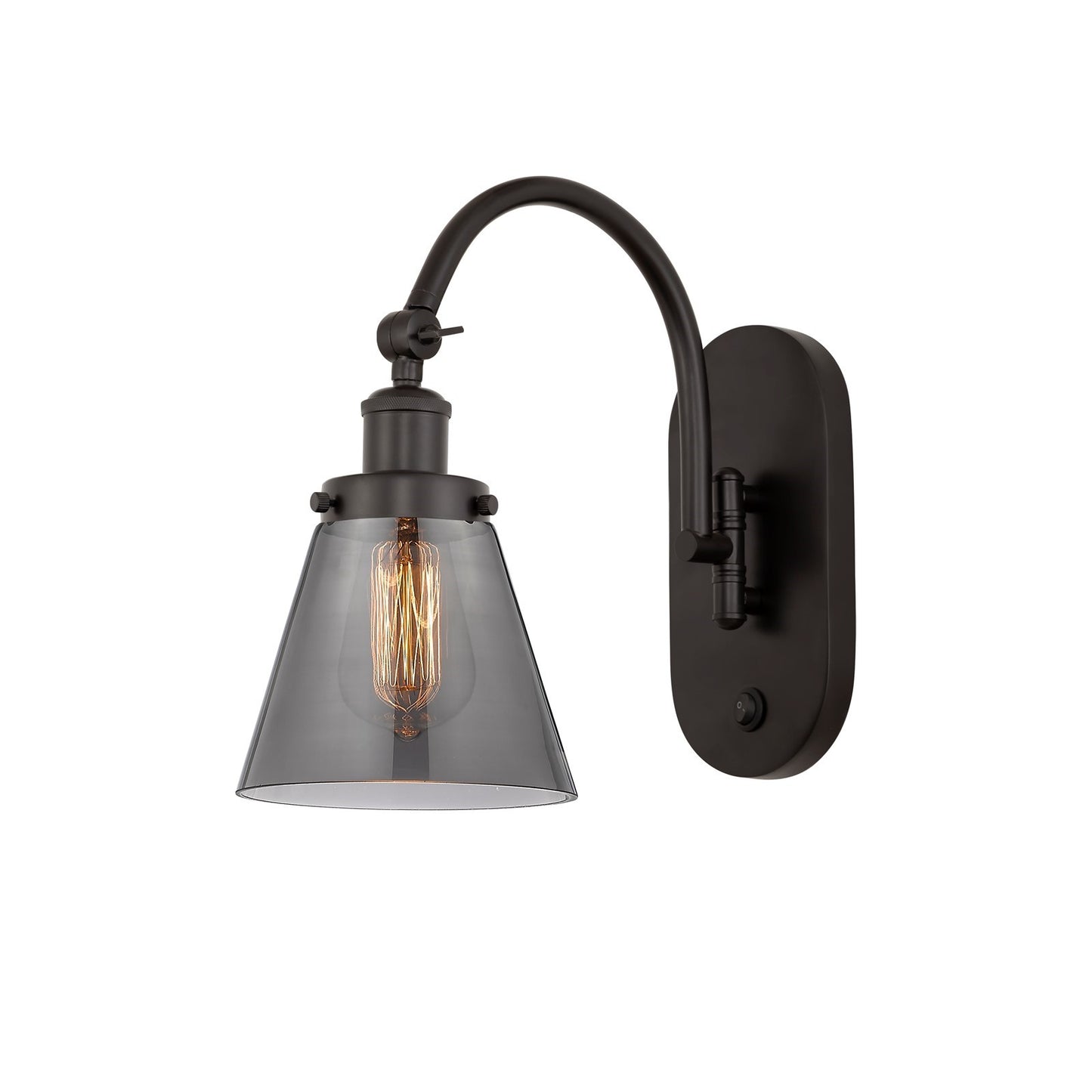 Innovations Cone 6.25in 1-Light Swing Arm Wall Sconce | Industrial Oil Rubbed Bronze Steel and Light Smoke Glass | Bedroom & Living | Model 918-1W-OB-G63