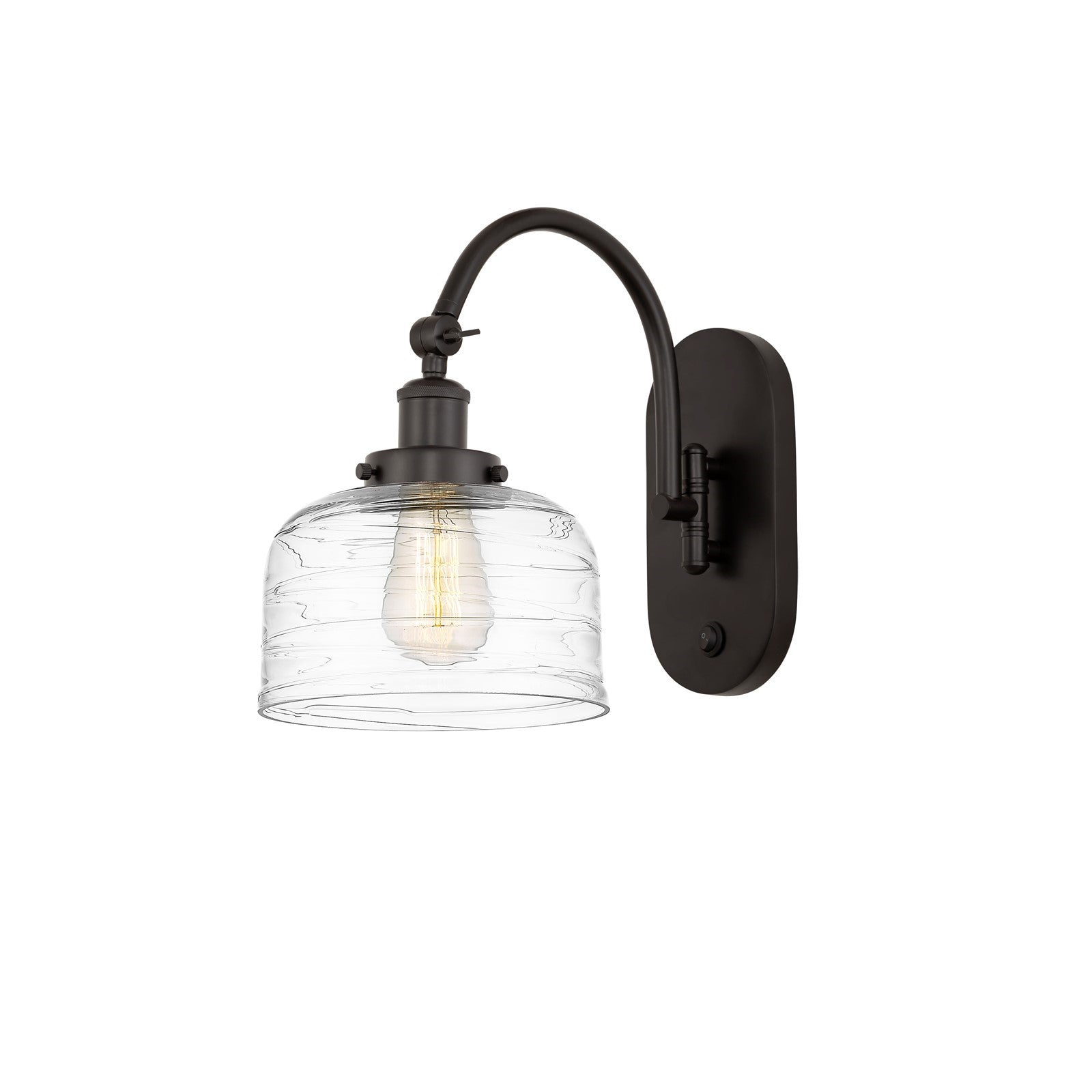 Innovations Bell 8in 1-Light Swing Arm Wall Sconce | Industrial Oil Rubbed Bronze and Clear Deco Swirl Glass | Bedroom & Living | Model 918-1W-OB-G713-LED