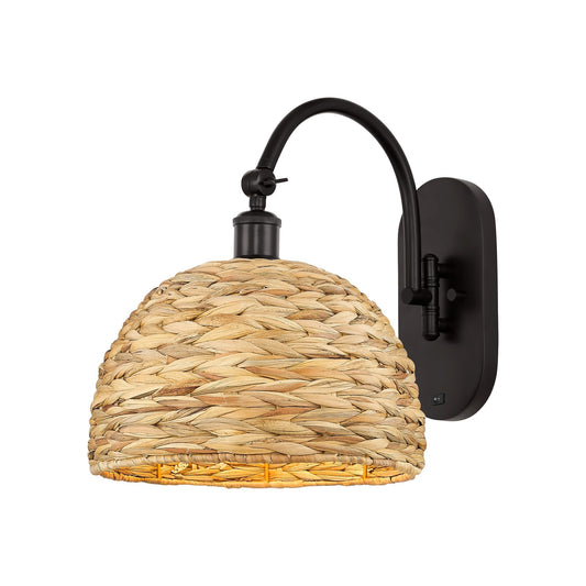 Innovations Woven Rattan 12in 1-Light Wall Sconce | Industrial Oil Rubbed Bronze and Natural Fiber Dome Shade | Damp Rated | Model 918-1W-OB-RBD-12-NAT