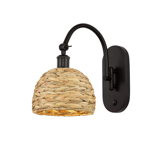 Innovations Woven Rattan 8in 1-Light Wall Sconce | Industrial Oil Rubbed Bronze and Natural Fiber Dome Shade | Damp Rated | Model 918-1W-OB-RBD-8-NAT