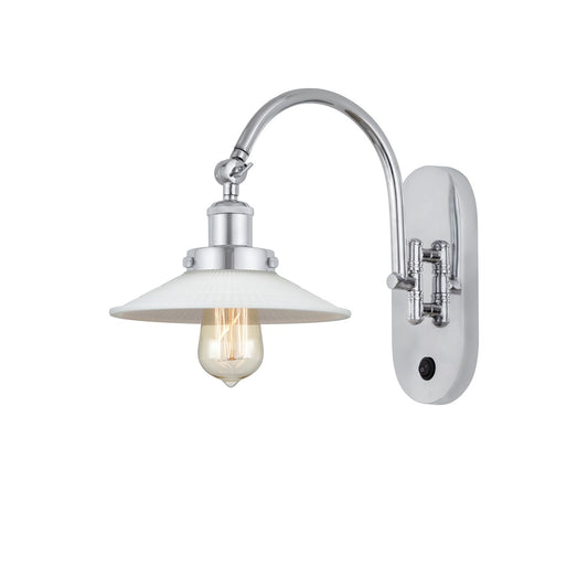 Innovations Halophane 1-Light 8.5in Swing Arm Wall Sconce | Industrial Polished Chrome Steel and Matte White Frosted Glass | Model 918-1W-PC-G1-LED