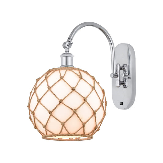 Innovations Farmhouse Rope 10in 1-Light Wall Sconce | Industrial Polished Chrome and Matte White Glass with Brown Rope | Model 918-1W-PC-G121-10RB