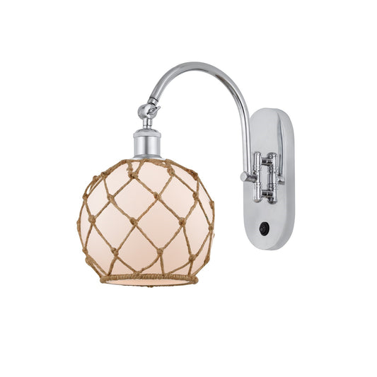 Innovations Farmhouse Rope 8in 1-Light Wall Sconce | Industrial Polished Chrome and White Frosted Glass with Brown Rope | Model 918-1W-PC-G121-8RB