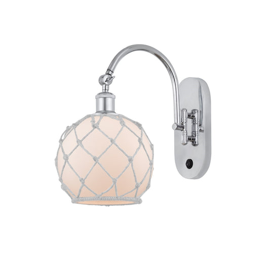 Innovations Farmhouse Rope 8in 1-Light Wall Sconce | Industrial Polished Chrome and White Frosted Glass with White Rope | Model 918-1W-PC-G121-8RW