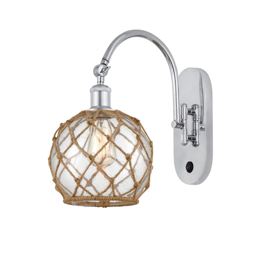 Innovations Farmhouse Rope 8in 1-Light Wall Sconce | Industrial Polished Chrome and Clear Glass with Brown Rope Shade | Bedroom | Model 918-1W-PC-G122-8RB