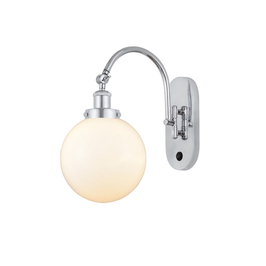 Innovations Beacon 8in 1-Light LED Swing Arm Lamp | Industrial Polished Chrome Steel and Matte White Frosted Glass | Bedroom | Model 918-1W-PC-G201-8-LED